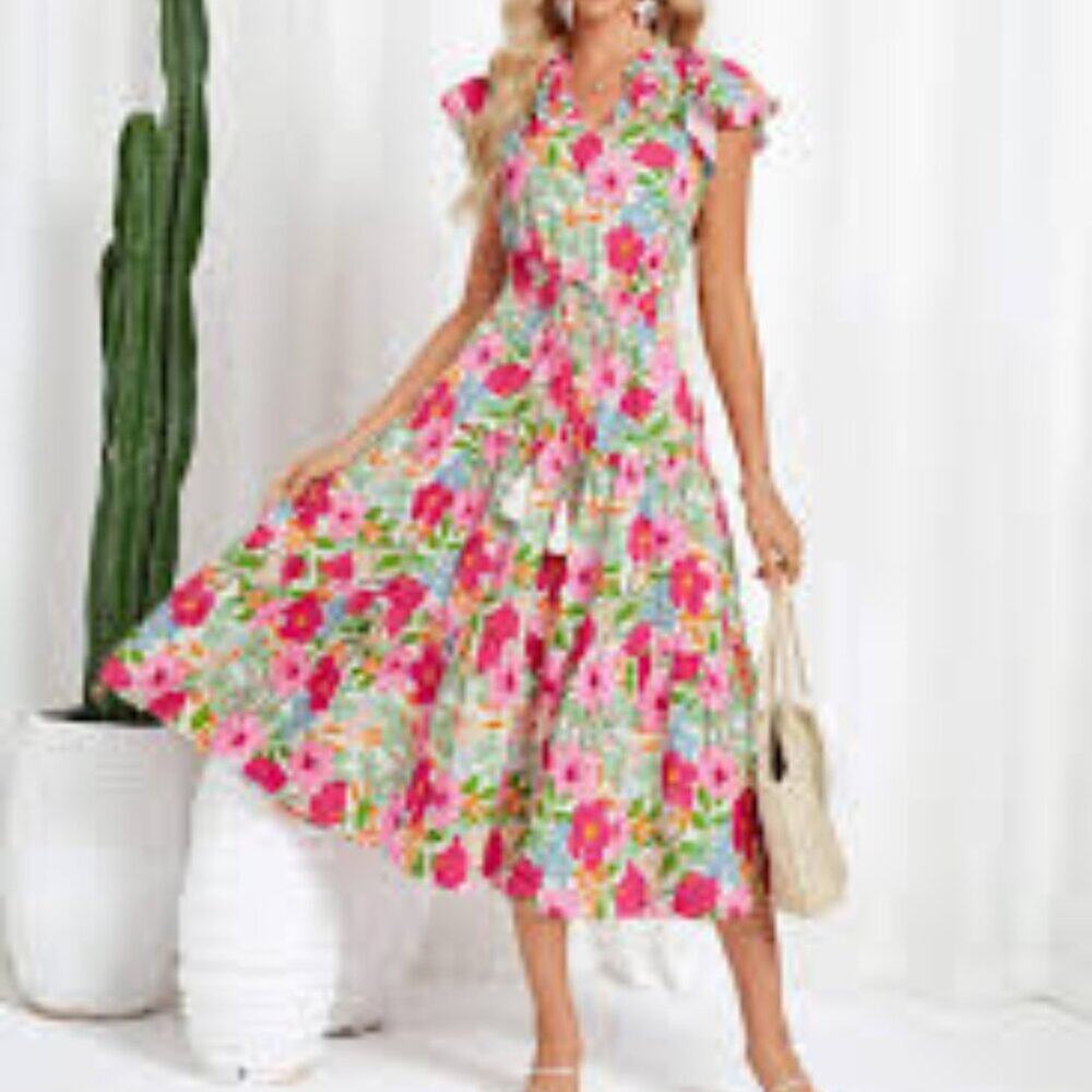 Grace Karin Pink and Green Floral Tiered Midi Dress